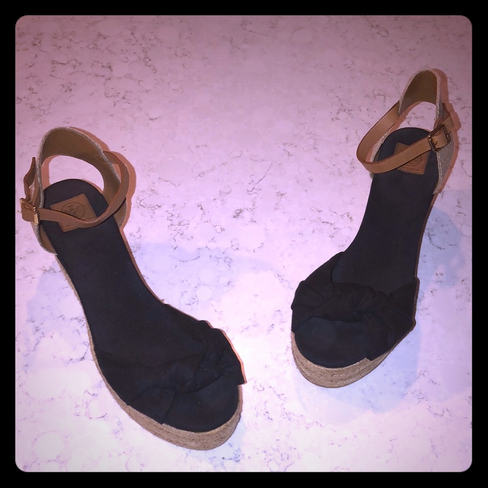 Tory Burch raffia-wrapped black linen espadrilles